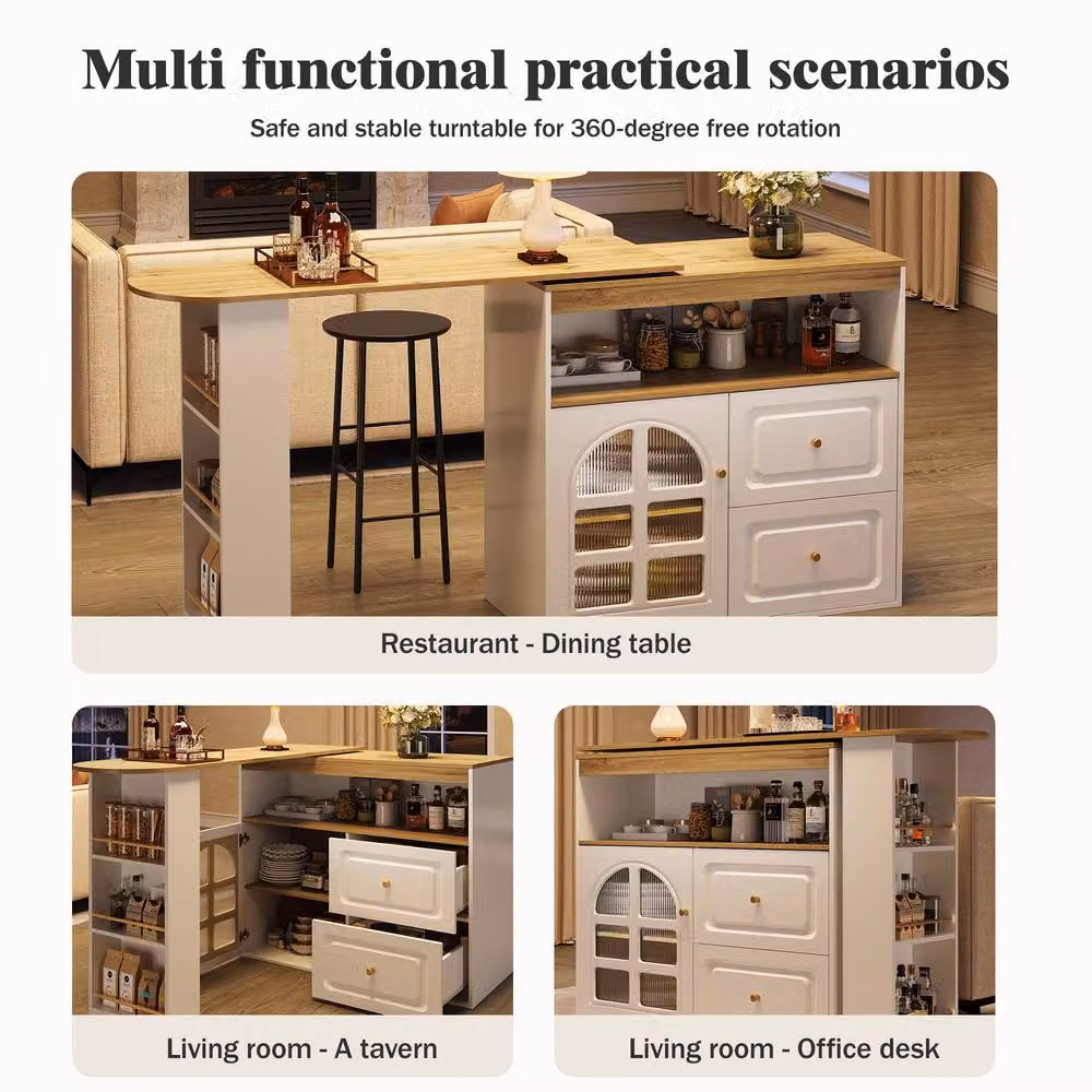 BTM Extendable Bar Table with 360 Degree Rotating Top and Storage in White – 4
