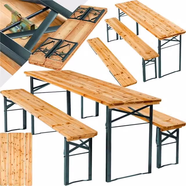 tectake Sissi 3-Piece Foldable Picnic Table and Benches Set in Brown Lacquered Treated Hardwood