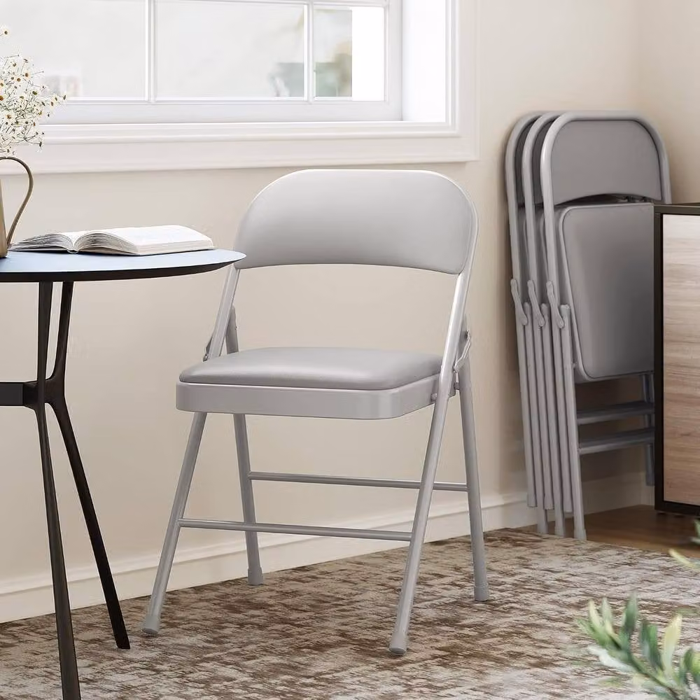London Boutique Set of 4 Grey Upholstered Folding Dining Chairs with Synthetic Leather Padded Seats and Stackable Design – 2
