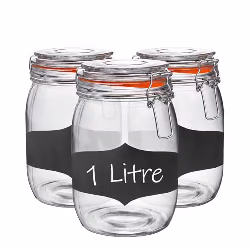 Argon Tableware Transparent Glass Jars with Airtight Metal Clip Lids and Chalkboard Stickers, 1000ml, 3 Pack – 1