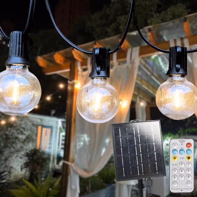 Ark Mat Lumo Sunline G40 Solar String Lights with Warm White LED Bulbs, Remote Control and IP44 Waterproof Rating, Black, 15m