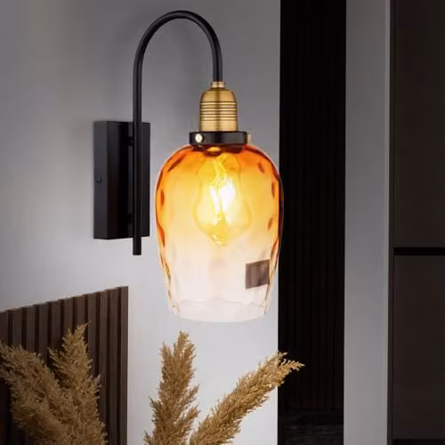 Globo Lighting Amber Glass and Brass Industrial Wall Lamp for Hallways and Bedrooms, Height: 35 cm – 3