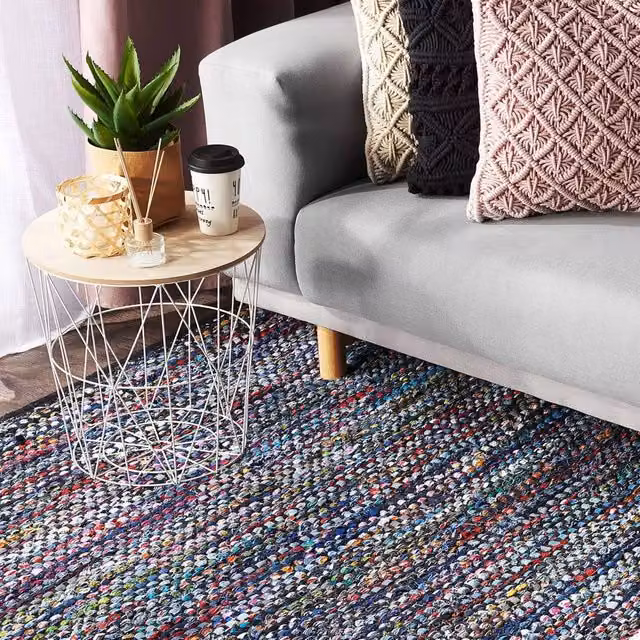 Wyld and Coco Handwoven Cotton Rectangular Area Rug in Blue Multicolour, W: 160 cm, L: 230 cm