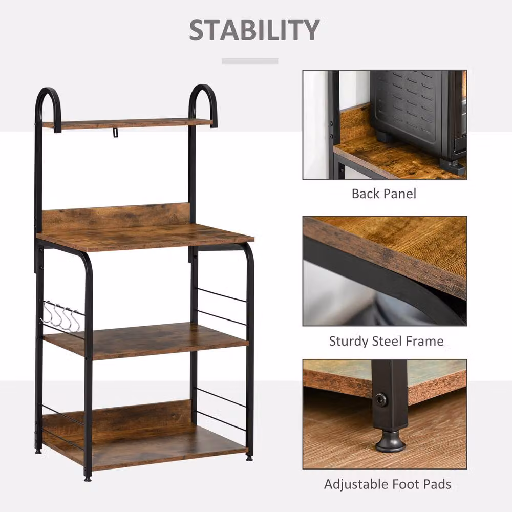 STILVORA Kitchen Storage Rack with Shelves and Hooks in Rustic Dark Brown – 5