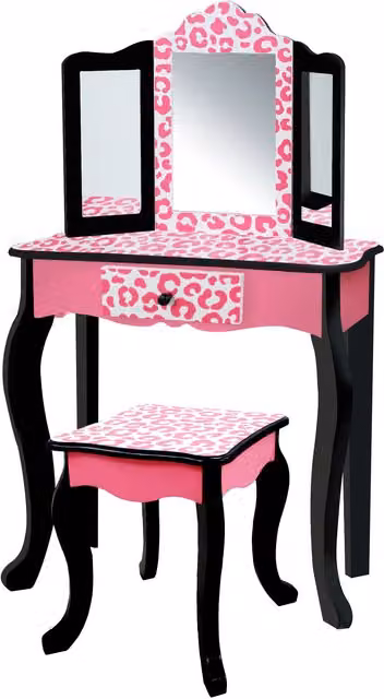 Teamson Kids Leopard Print Wooden 2-Piece Play Vanity Set with Tri-Fold Mirror, Storage Drawer and Matching Stool, Black and Pink