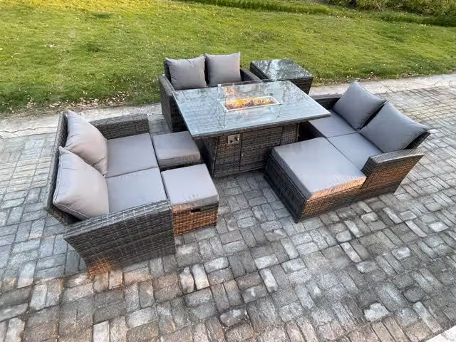 Fimous High Back Rattan Garden Furniture Set with Gas Firepit Dining Table in Dark Grey