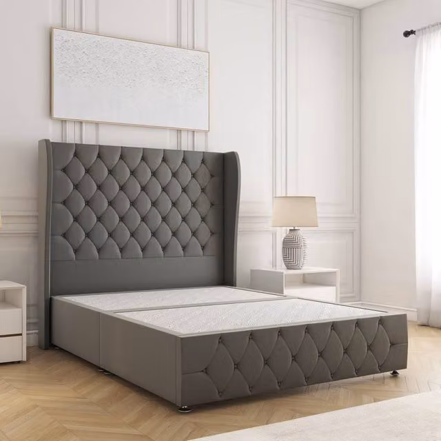 BSSPOKE Faye Divan Bed with 54 inch Headboard in Grey Plush Velvet, Super King, W/D/H: 200 x 200 cm