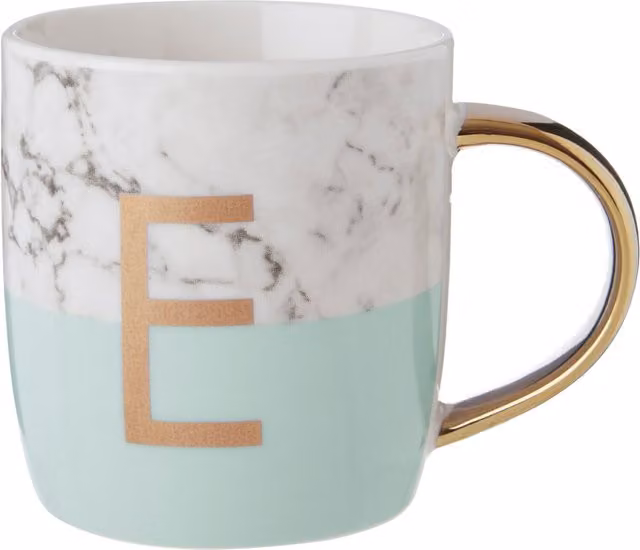 Orsina Ceramic Monogram Mug in Green and Gold with E Letter Design