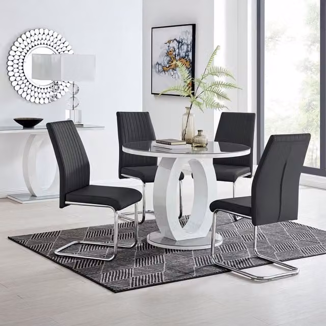 FurnitureboxUK Giovani Round Grey Glass Dining Table with 4 Lorenzo Black Chairs Set, Diameter: 120 cm