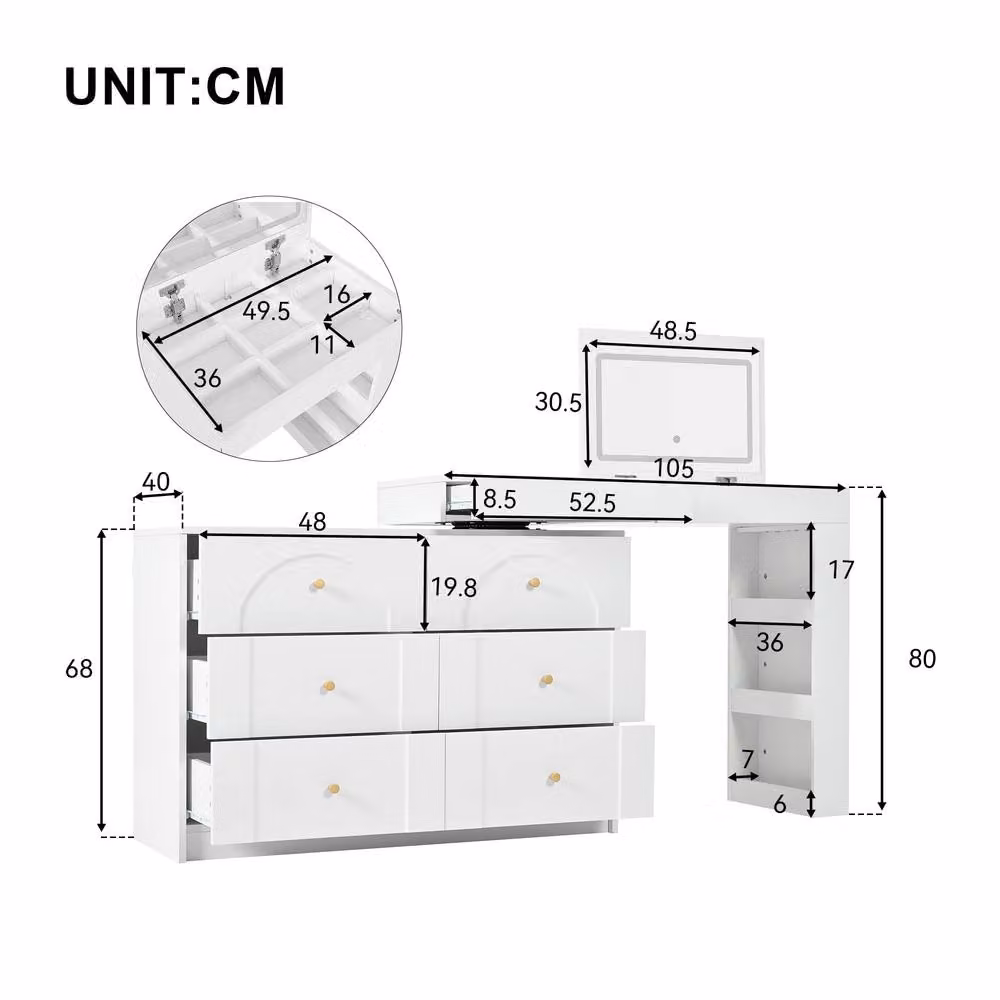 FENCHILIN Modern White and Gold Dressing Table with Hollywood LED Lighting and Rotating Flip Mirror – 3