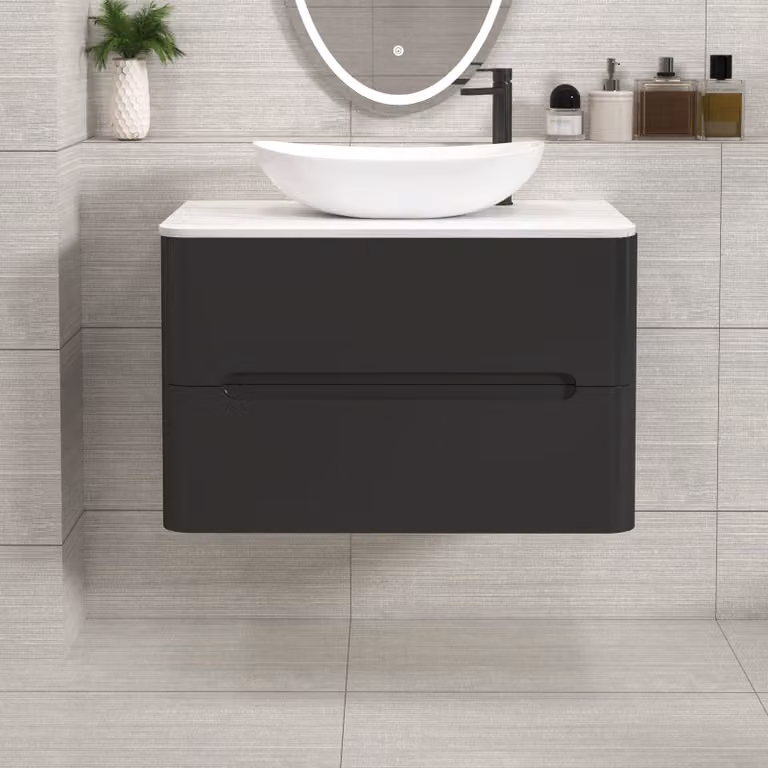 Royal Bathrooms Venice 800mm Wall Hung Vanity Unit in Matt Nocturne Black with Cesar Basin and 2 Drawers