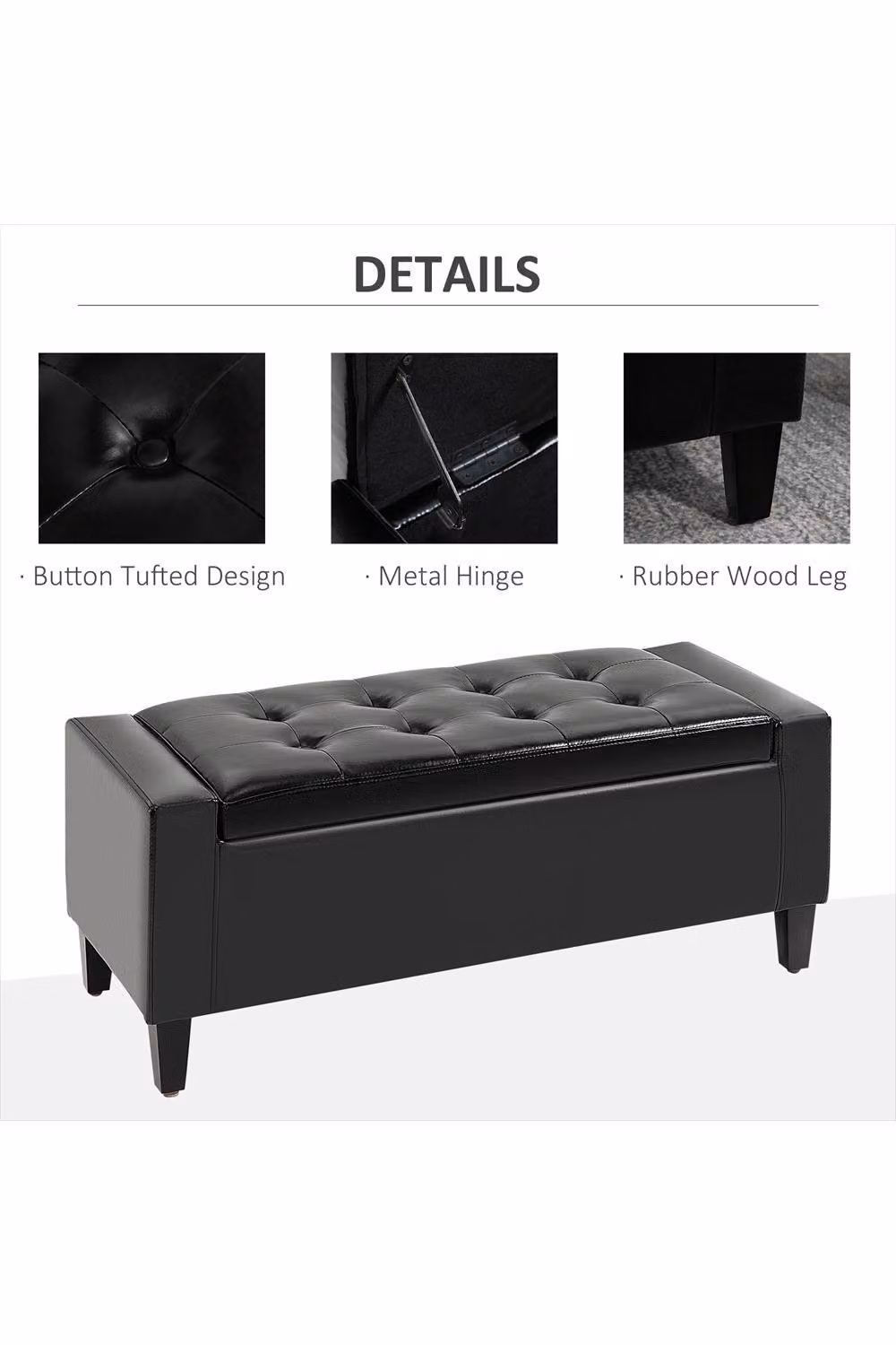 ERGOVEXA Tufted PU Leather Storage Ottoman Bench in Black, W: 150.0 cm, D: 40.0 cm, H: 40.0 cm – 2