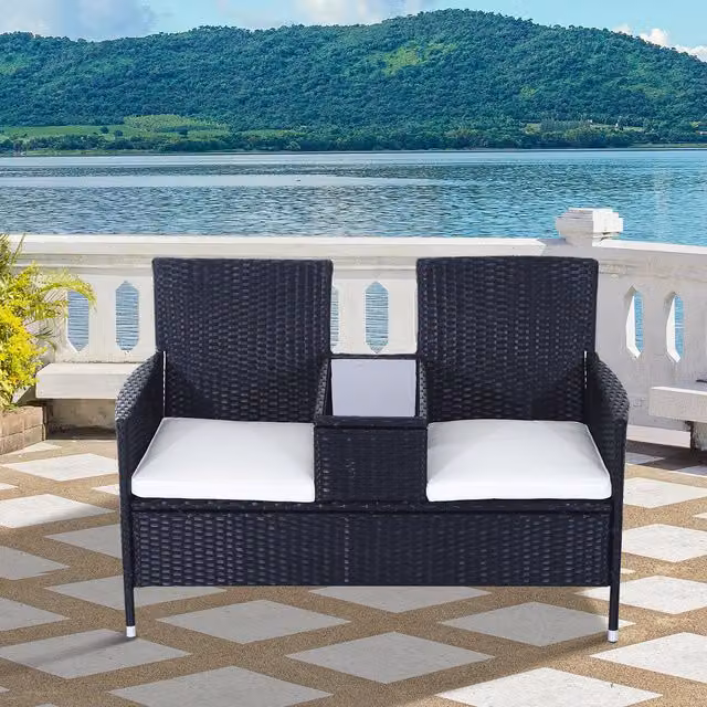 Outsunny PE Rattan Duo Seat Table Bench with Padded Cushions in Black and Grey