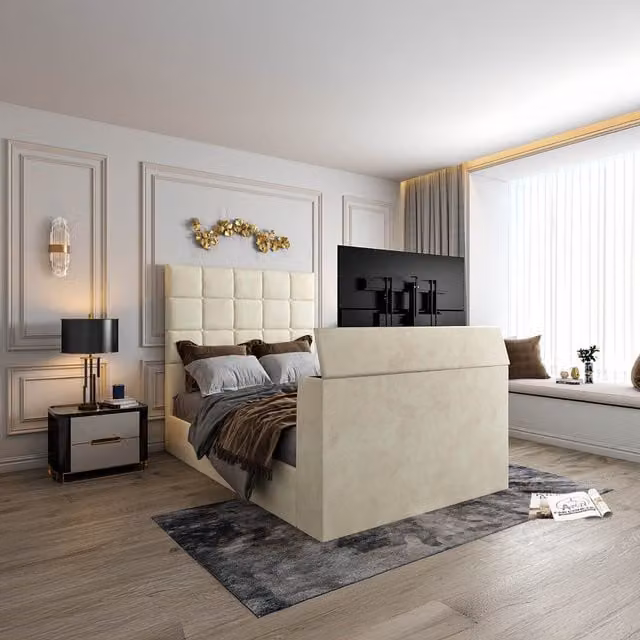 Casani Cubica Upholstered Modern TV Bed Frame in Beige Velvet, W/D/H: 140 x 200 cm