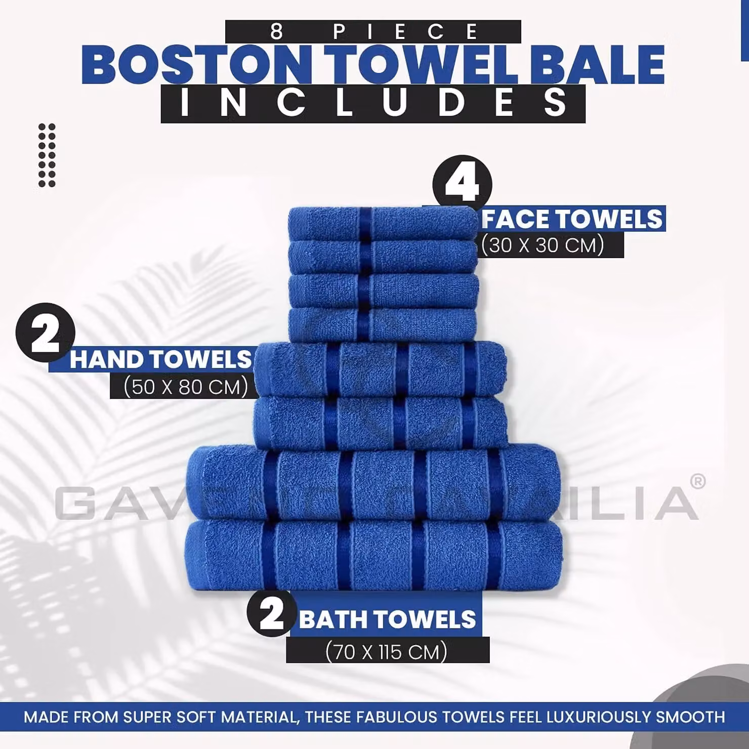 Gaveno Cavailia 8 Piece Royal Blue Cotton Towel Bale Set, 450 GSM Quick Drying Absorbent Towels including 4 Face Towels, 2 Hand Towels and 2 Bath Towels – 2