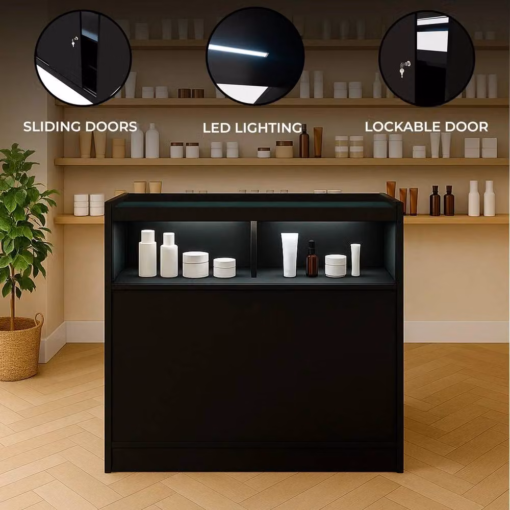 Monstershop B900 LED Retail Shop Counter with Sliding Glass Doors and Integrated Lighting, Black – 2