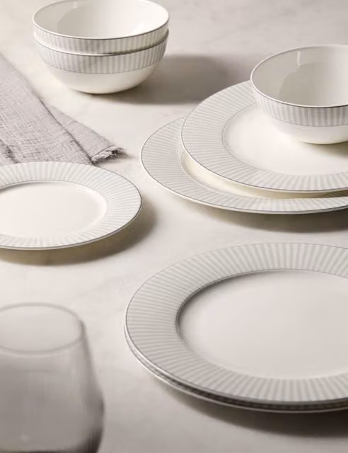 M&S Hampton 12 Piece Bone China Dinner Service in Grey, Gold and White Striped Design