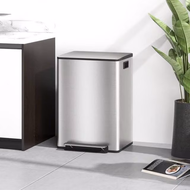 HOMCOM Double Kitchen Pedal Bin with Soft-Close Lid, Silver Stainless Steel, 2 x 30L