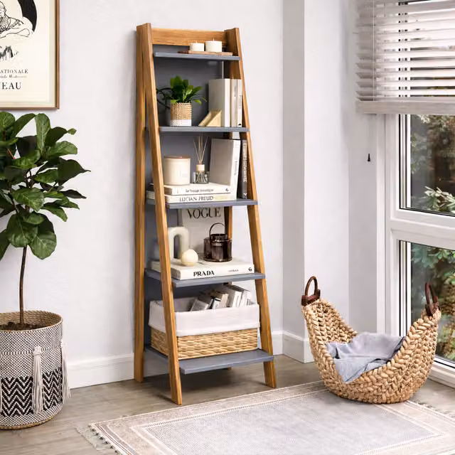 Mercers Furniture Corona Grey Solid Pine Wood Ladder Bookcase with Open Back Display