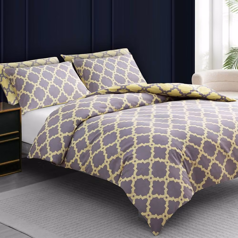 Pamposh Reversible Moroccan Graphic Microfibre Duvet Cover Set in Yellow and Grey, Size: 140 x 200 cm – 3