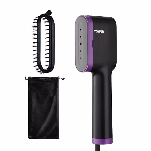 Tower Ceraglide Handheld Garment Steamer with Ceramic Soleplate and Brush Attachment, 1400W, Black, Petrol and Purple