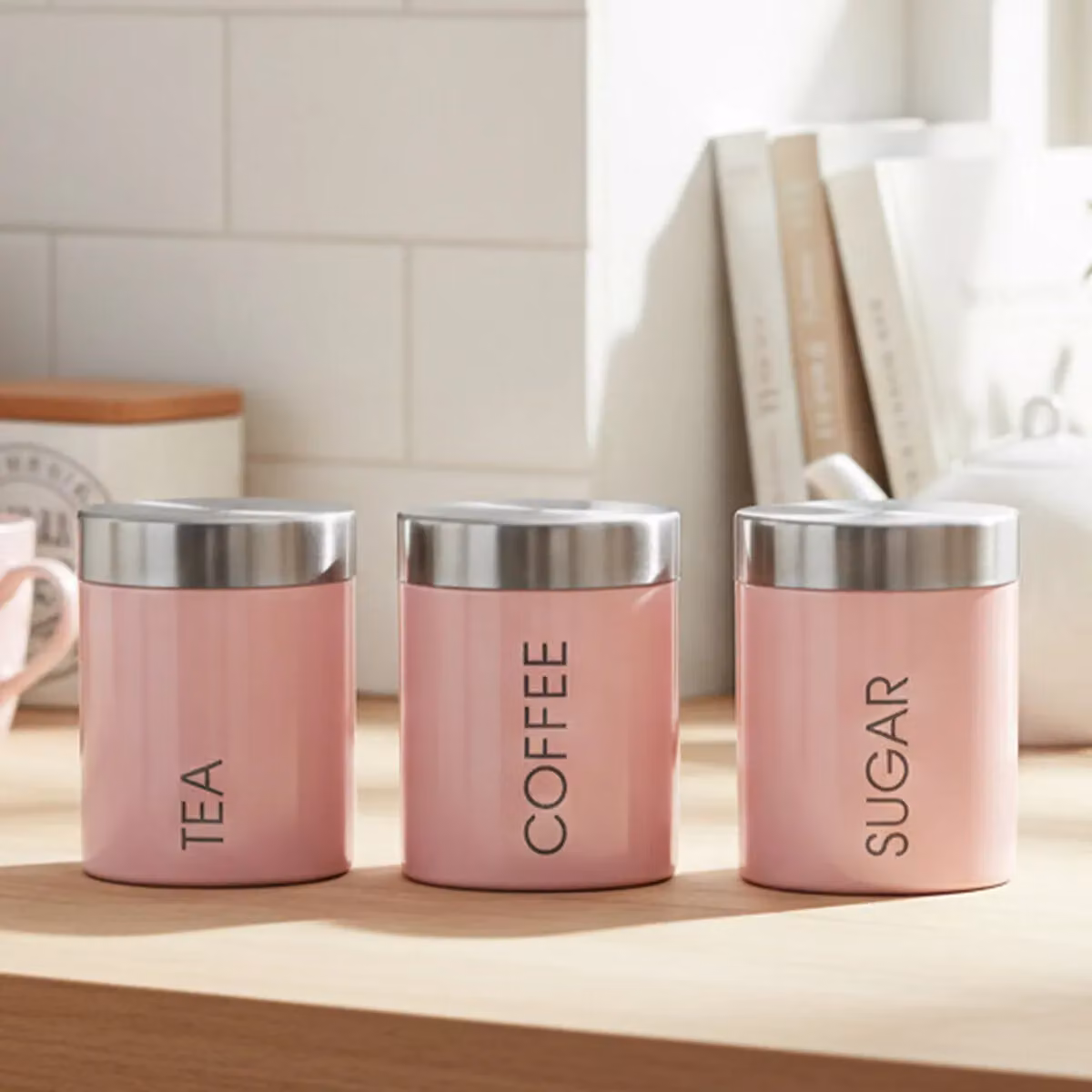 Premier Housewares Liberty Enamel Tea, Coffee and Sugar Canister Set in Pink and Silver, W/D/H: 10 x 10 x 13 cm – 2