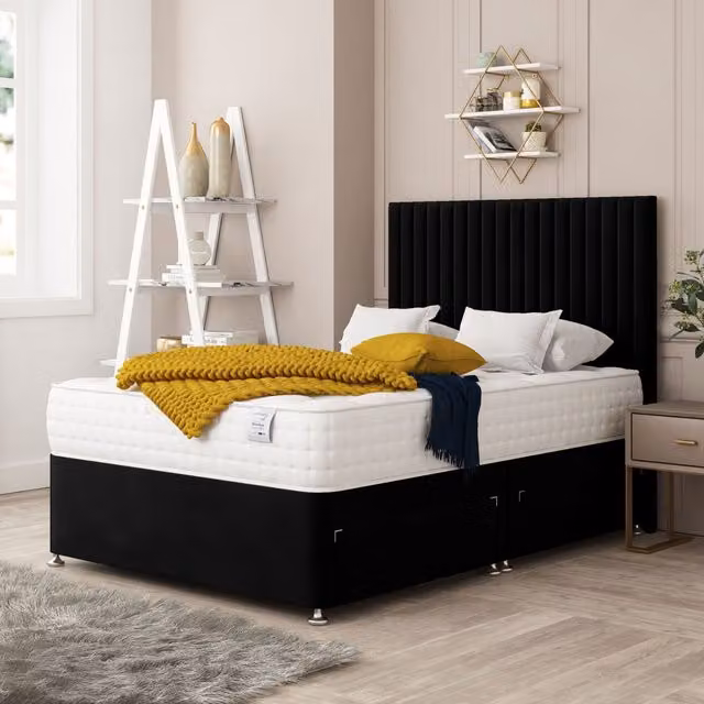 Bed Choices Manhattan Double Divan Bed with 4 Drawers, Mattress and 54 inch Floor Standing Headboard in Black Velvet Fabric, W/D/H: 140 x 200 cm