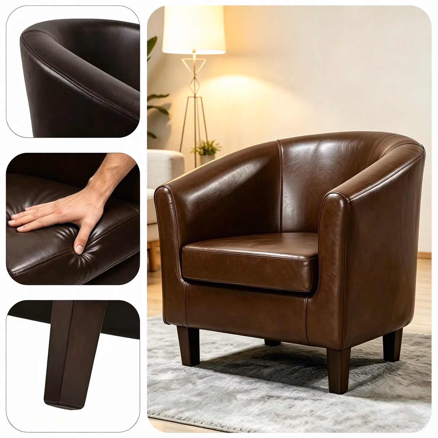 MCC Direct Brown Faux Leather Retro Tub Armchair with Solid Wood Frame – 4