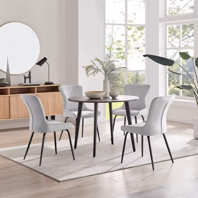 FurnitureboxUK Koko Walnut Effect Round Dining Table and 4 Nora Black Leg Chairs in Light Grey