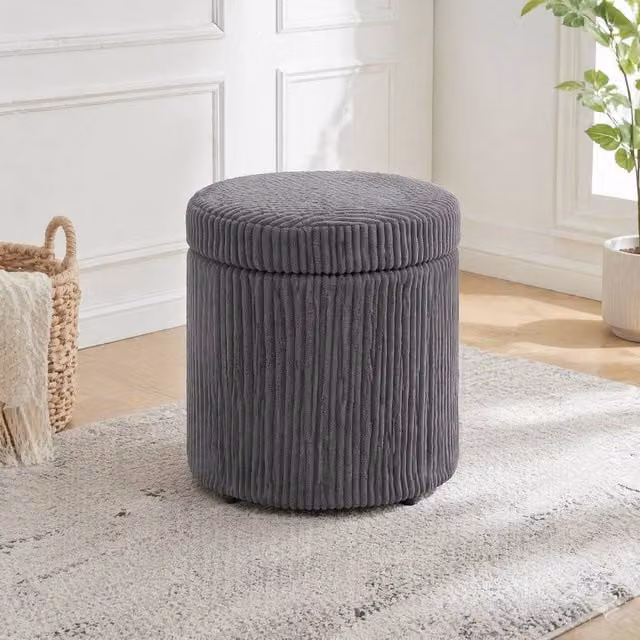 STILVORA Grey Fabric Cylindrical Storage Ottoman with Hidden Storage