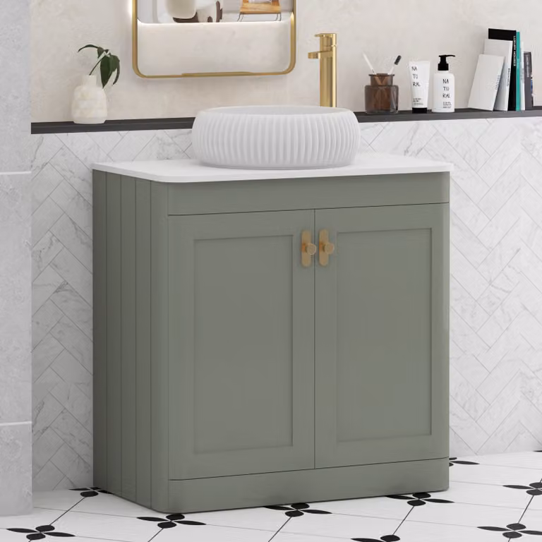 Royal Bathrooms Henley 800mm Sage Green Floor Standing 2 Door Vanity Unit with Plain White Worktop and Milan Basin