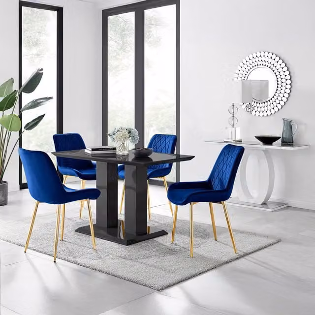 FurnitureboxUK Imperia Black Dining Table with 4 Pesaro Gold Leg Chairs in Navy Blue
