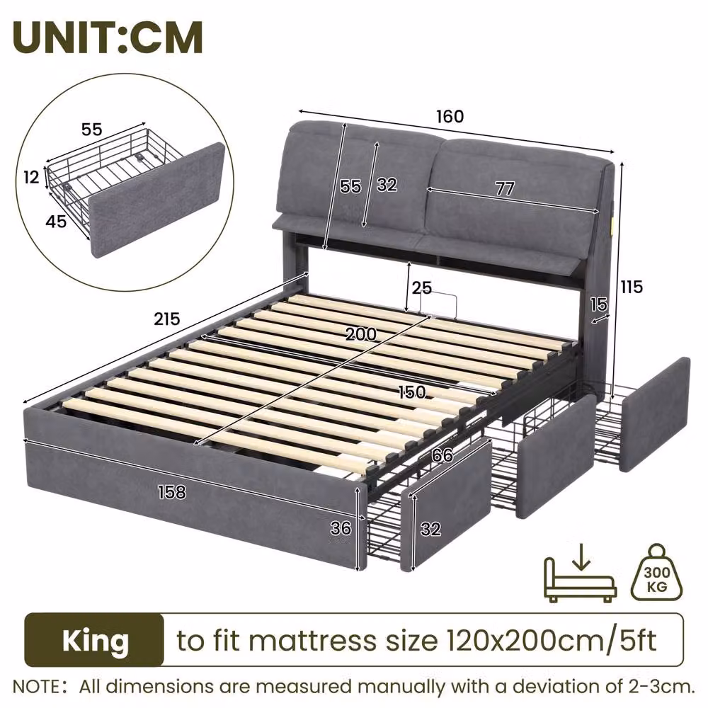 Rolipo Grey Velvet King Size Bed with Hydraulic Storage, LED Lighting and USB Ports, W/D/H: 180 x 200 cm – 7