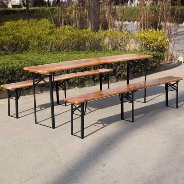BIRCHTREE 3 Piece Folding Beer Table and Benches Set in Brown and Beige Wood