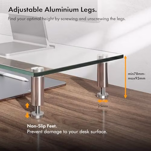 VonHaus Height Adjustable Dual Screen Glass Monitor Stand with Aluminium Legs, W: 100 cm, D: 26 cm – 3