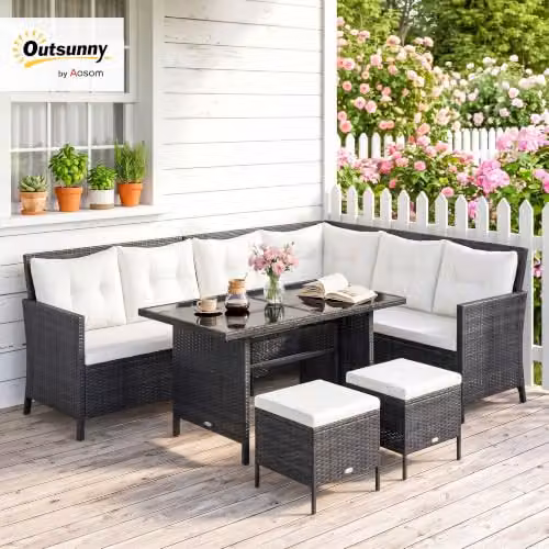 Outsunny 6 Piece L-Shape Rattan Garden Furniture Set with Ottoman and Coffee Table, Black and Grey – 2