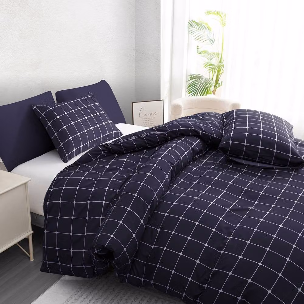 Lazzaro Home Reversible Checked Microfibre Duvet Cover and Pillowcase Set in Navy Blue – 4
