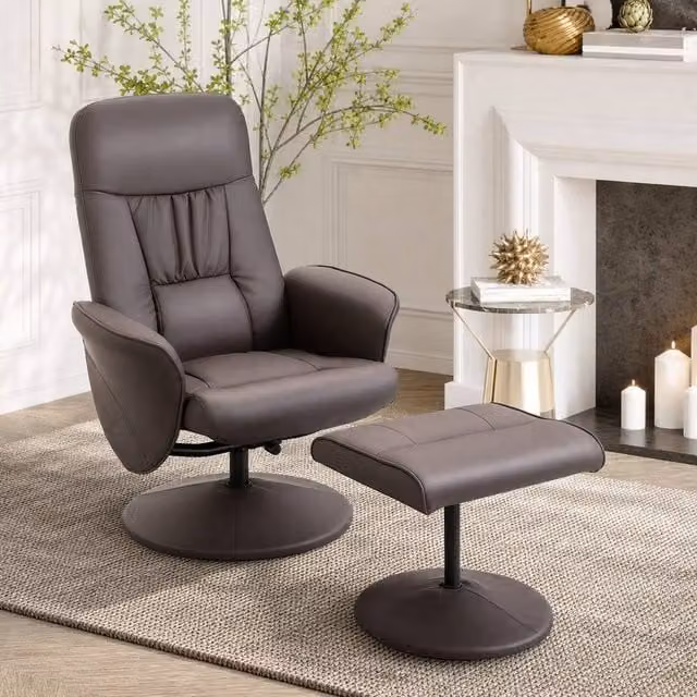 STILVORA Brown Synthetic Leather Recliner Armchair with Ottoman and 360 Degree Swivel Metal Frame