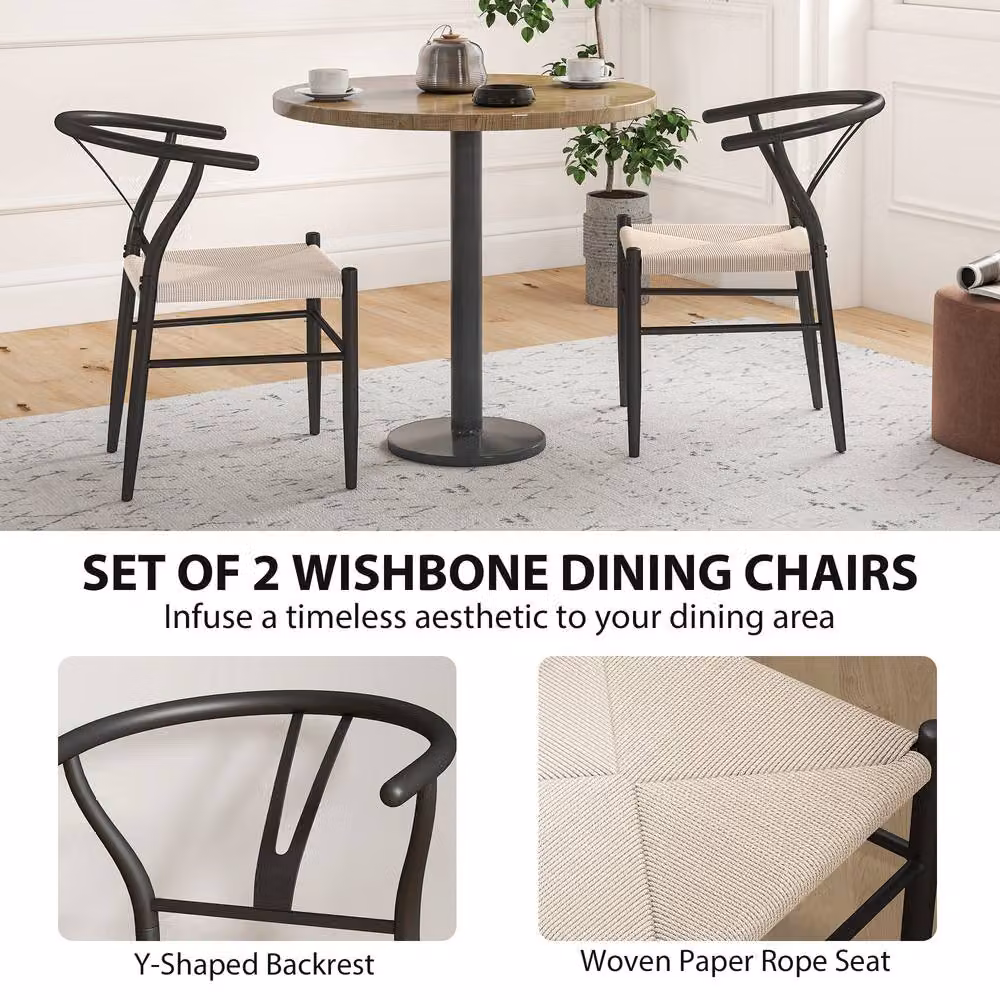 STILVORA Set of 2 Mid-Century Dining Chairs with Black Paper Rope Woven Seats and Armrests – 3