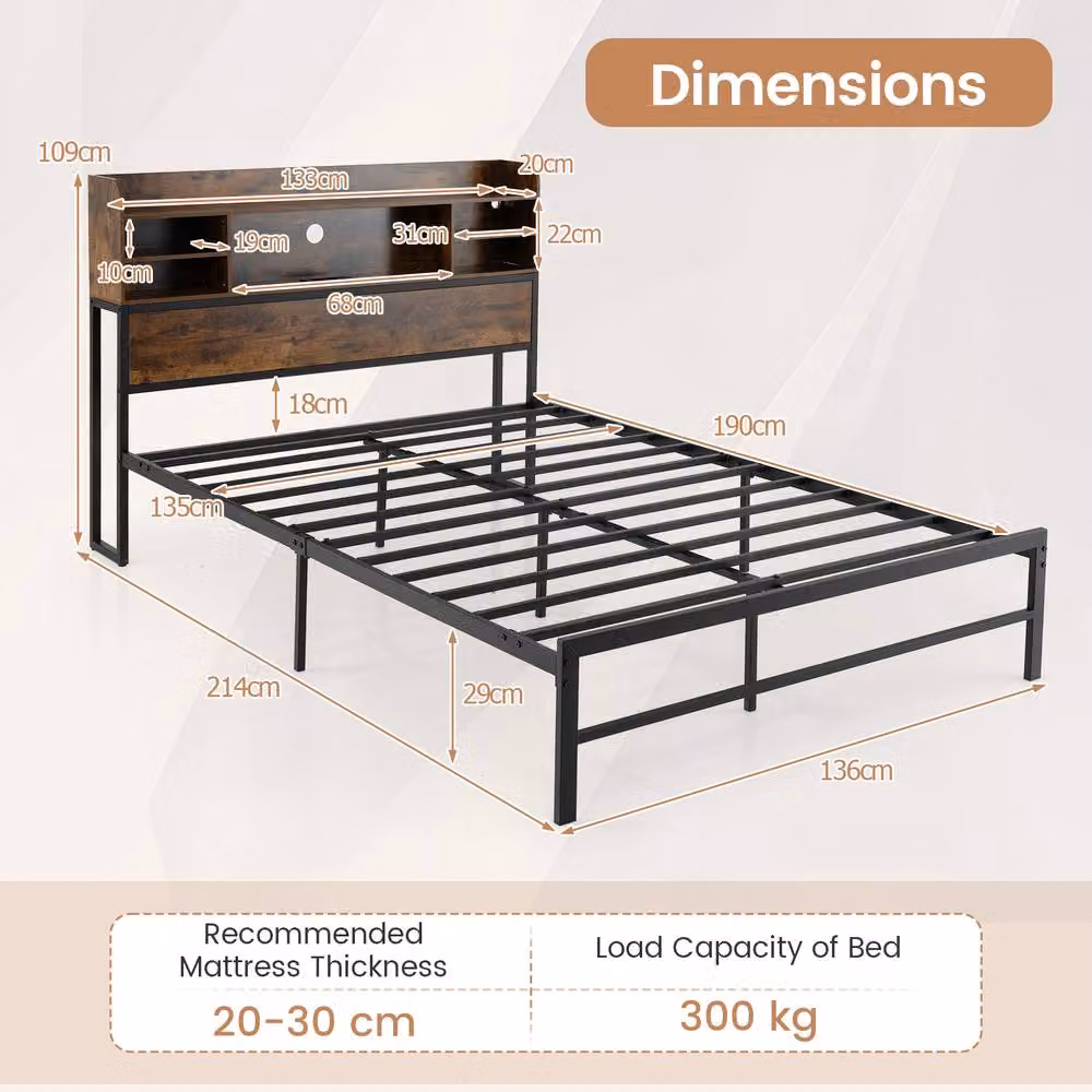 Costway Double Size Metal Bed Frame in Brown with LED Lights, USB Charging Port and Side Compartments, W/D/H: 140 x 200 cm – 2