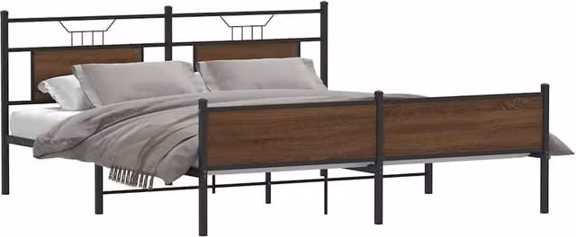 Berkfield Home Metal and Wood Bed Frame in Brown Oak, W/D/H: 160 x 200 cm