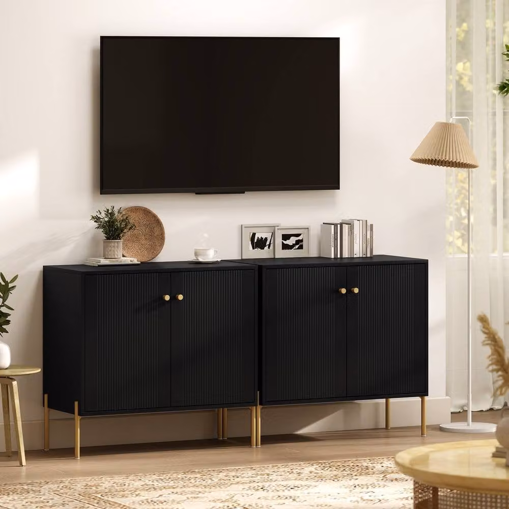 STILVORA Modern Black Sideboard Cabinet with Fluted Doors and Gold Accents – 6