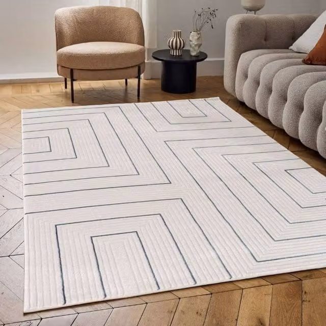 THE RUGS Carmel Maze Design Soft Pile Area Rug, Ivory and Blue, W: 120 cm, L: 170 cm – 1