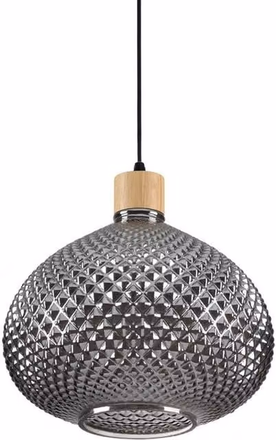 Ideal Lux Bergen-3 Indoor Dome Ceiling Pendant Lamp with Grey Glass and Wood Finish