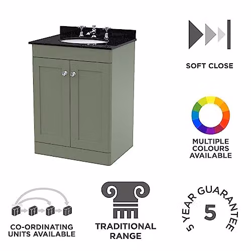nuie Classique Floor Standing 2 Door Bathroom Unit with 3 Tap Hole Marble Worktop and Round Basin, Satin Green and Black, W/D/H: 62.0 x 47.0 x 87.8 cm – 2