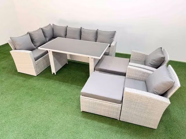 Fimous 10 Seater Wicker Rattan Corner Sofa Set with 2 Large Footstools in Light Grey