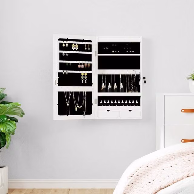Berkfield Home Wall Mounted Mirror Jewellery Cabinet with LED Lights in White