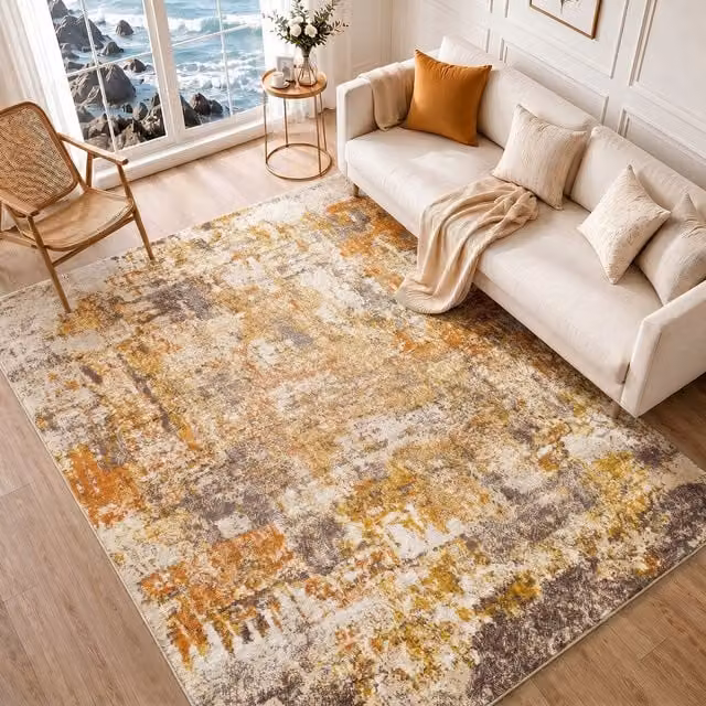 Livabliss Ankara Abstract Modern Marble Rug in Orange, Grey and Yellow, W: 120 cm, L: 170 cm