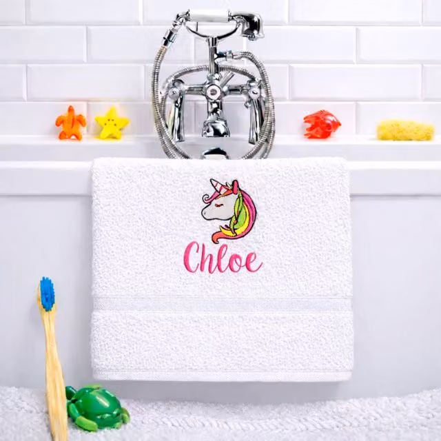 Duncan Stewart Personalised Children's Cotton Bath Towel with Unicorn Logo, White, W: 70 cm, L: 130 cm