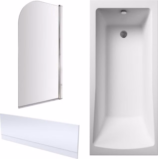 Balterley Square Rectangular Shower Bath Set in White with Chrome Round Screen, Apron and Floor Standing Leg Set, W/D: 170 x 70 cm